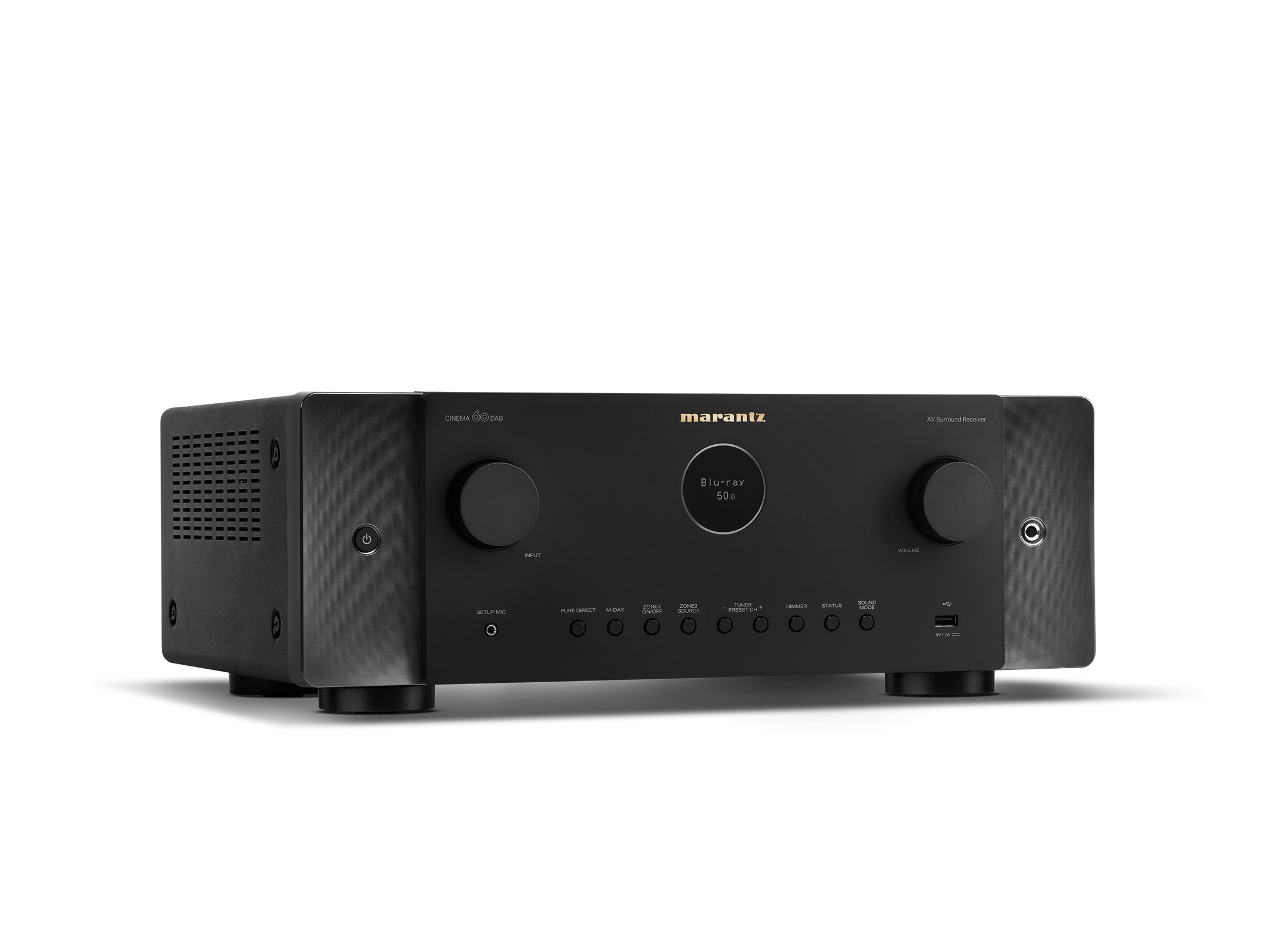 Receiver AV Marantz Cinema 60 DAB, negru, vedere din studio, unghi dreapta, butoane și afișaj vizibile.