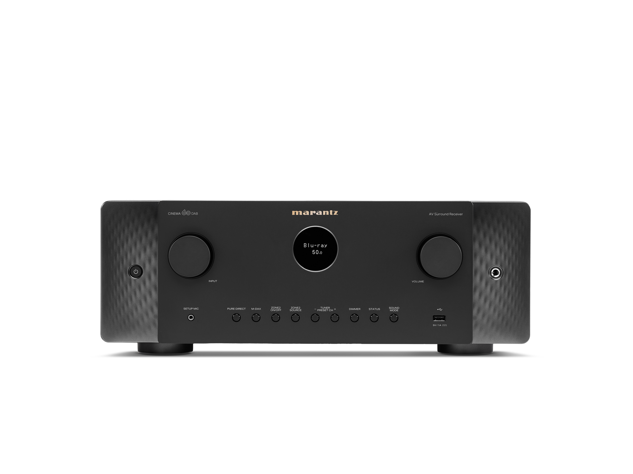 Receptor AV Marantz Cinema 60 DAB negru, vedere frontală. Afișaj central și butoane de control vizibile.