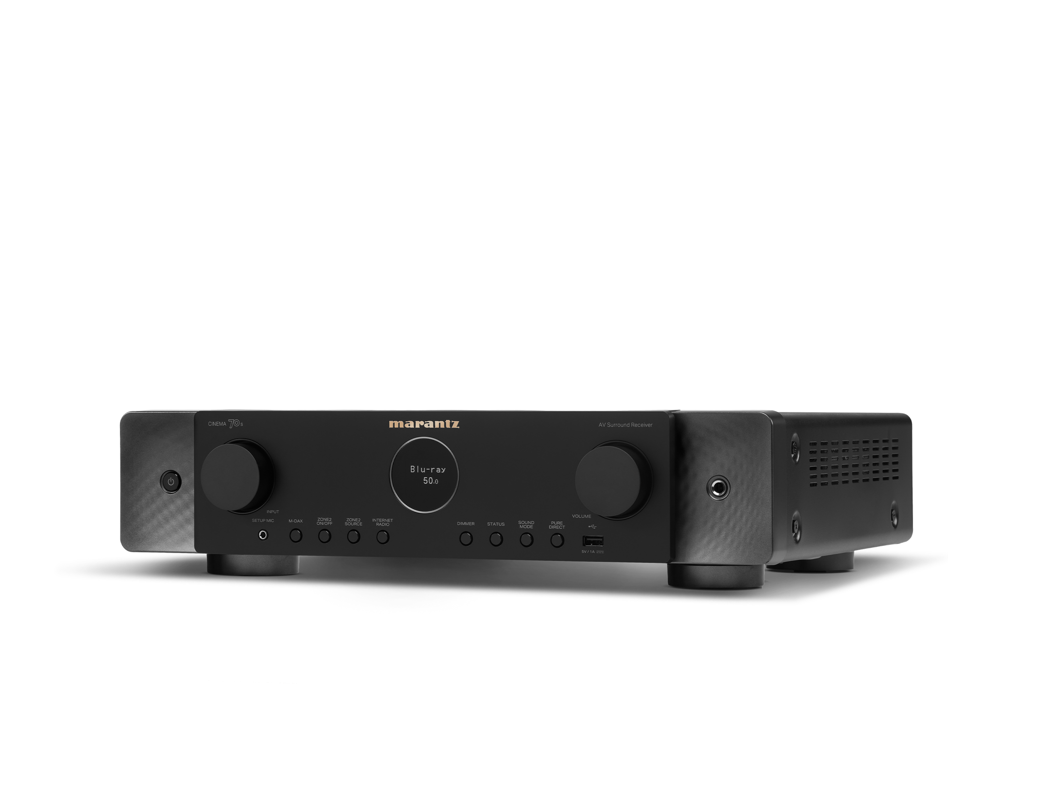 Receptor AV Marantz Cinema 70s negru, vedere din studio, orientare stânga, butoane și afișaj vizibile.