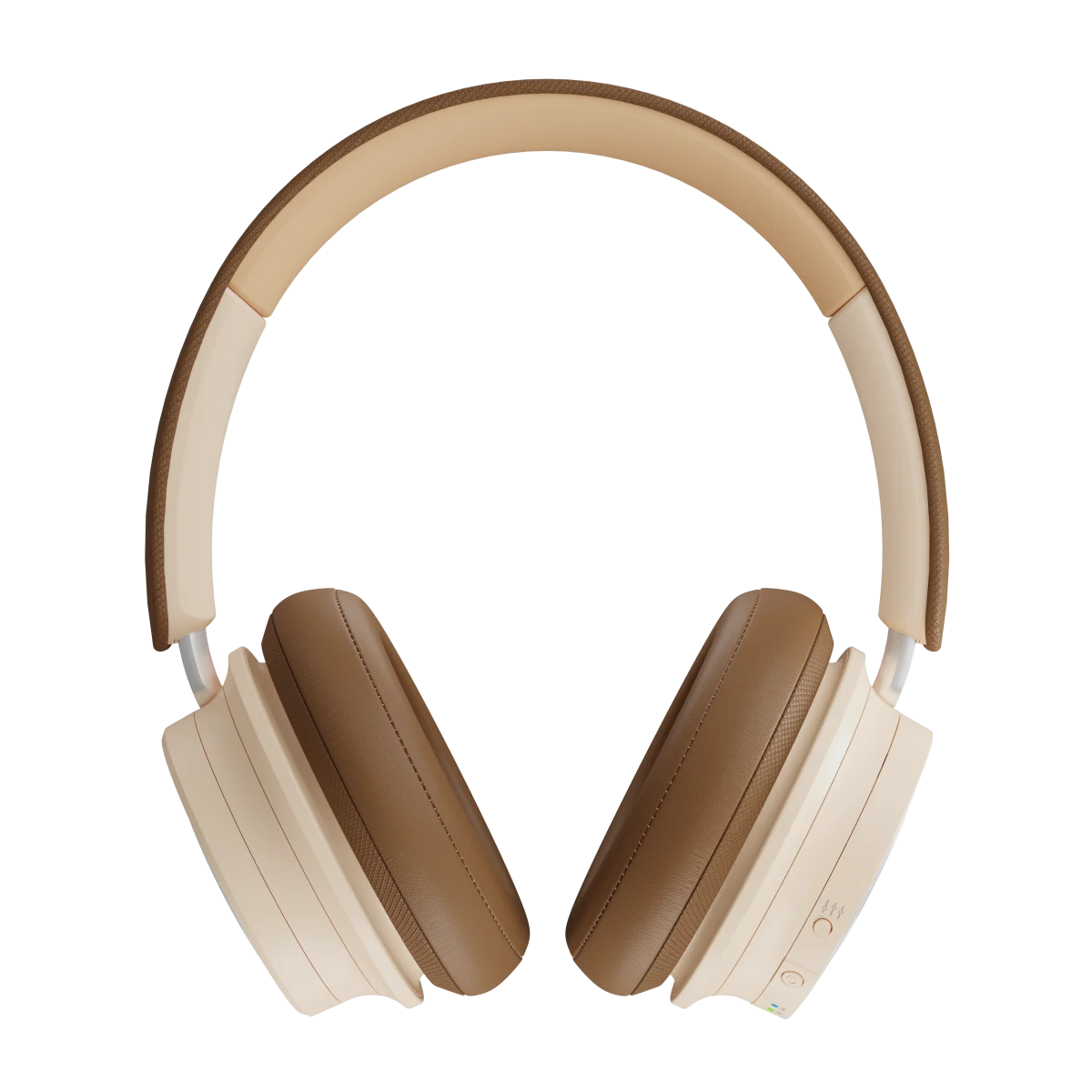 Dali iO-8 Căști Bluetooth, vedere frontală, culoare Caramel White, cupe și bandă căptușite, butoane vizibile.