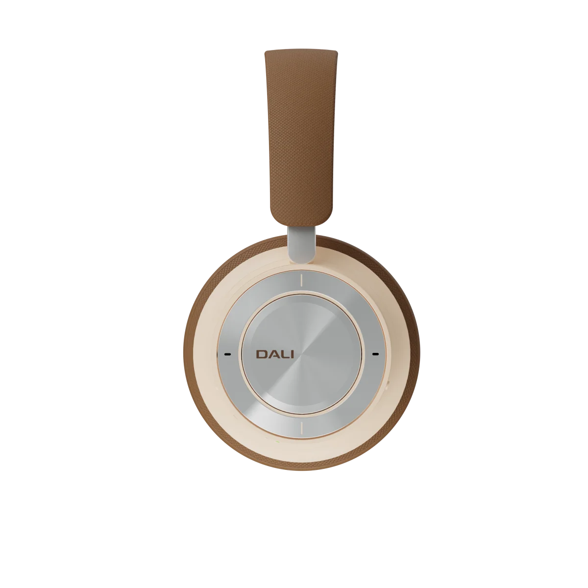 Căști Bluetooth Dali iO-8, vedere laterală, culoare Caramel White, cupe mari și bandă ajustabilă.