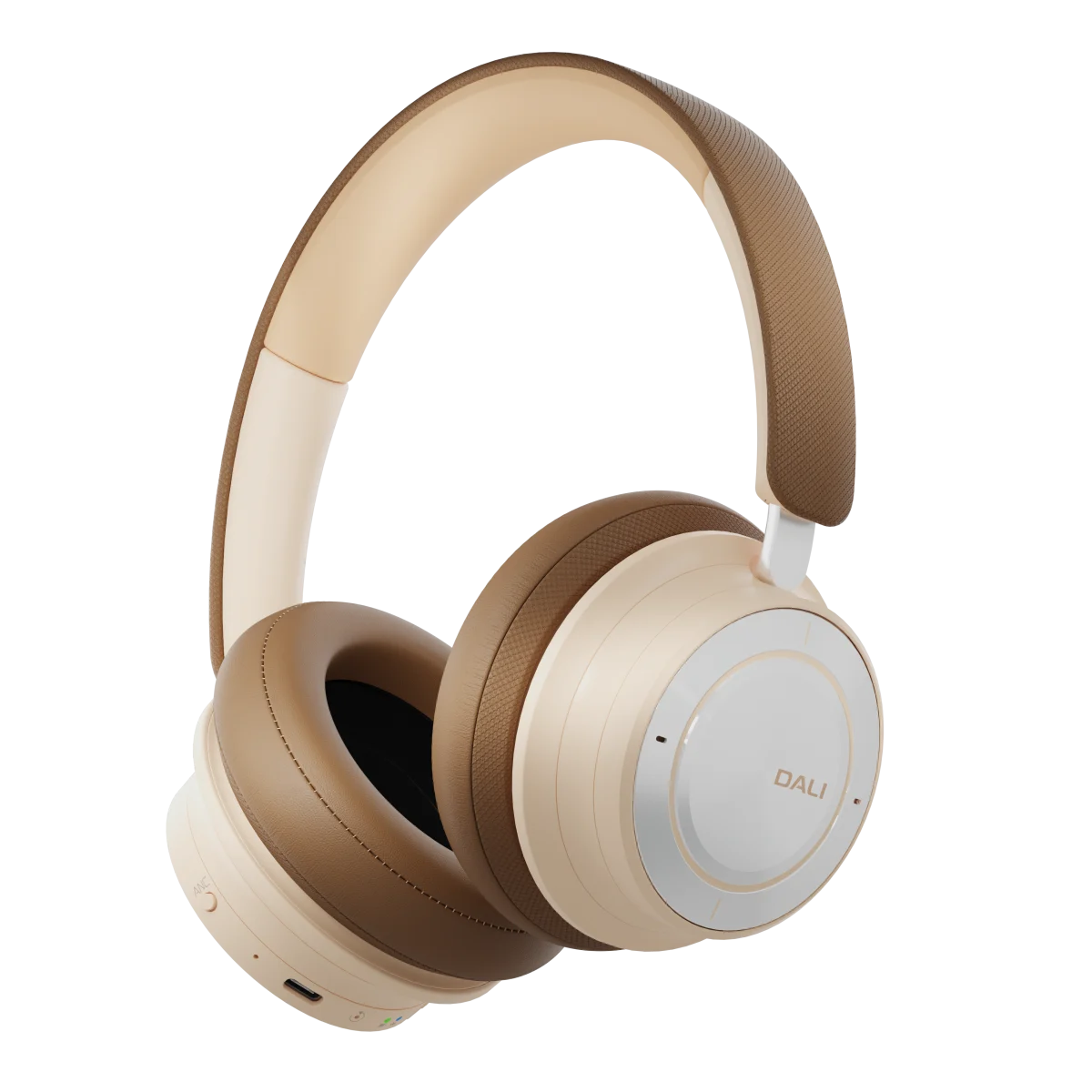Căști Bluetooth Dali iO-8, culoare Caramel White, vedere laterală. Cupe mari și bandă căptușită.