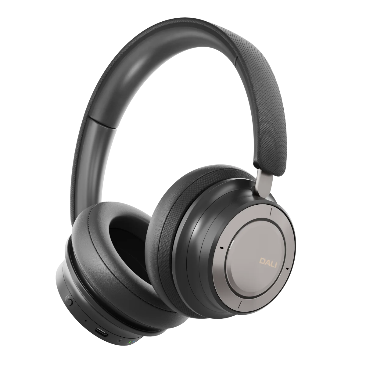 Căști Bluetooth Dali iO-8 Iron Black, vedere laterală. Pernițe moi, bandă ajustabilă, port USB-C vizibil.#color_black