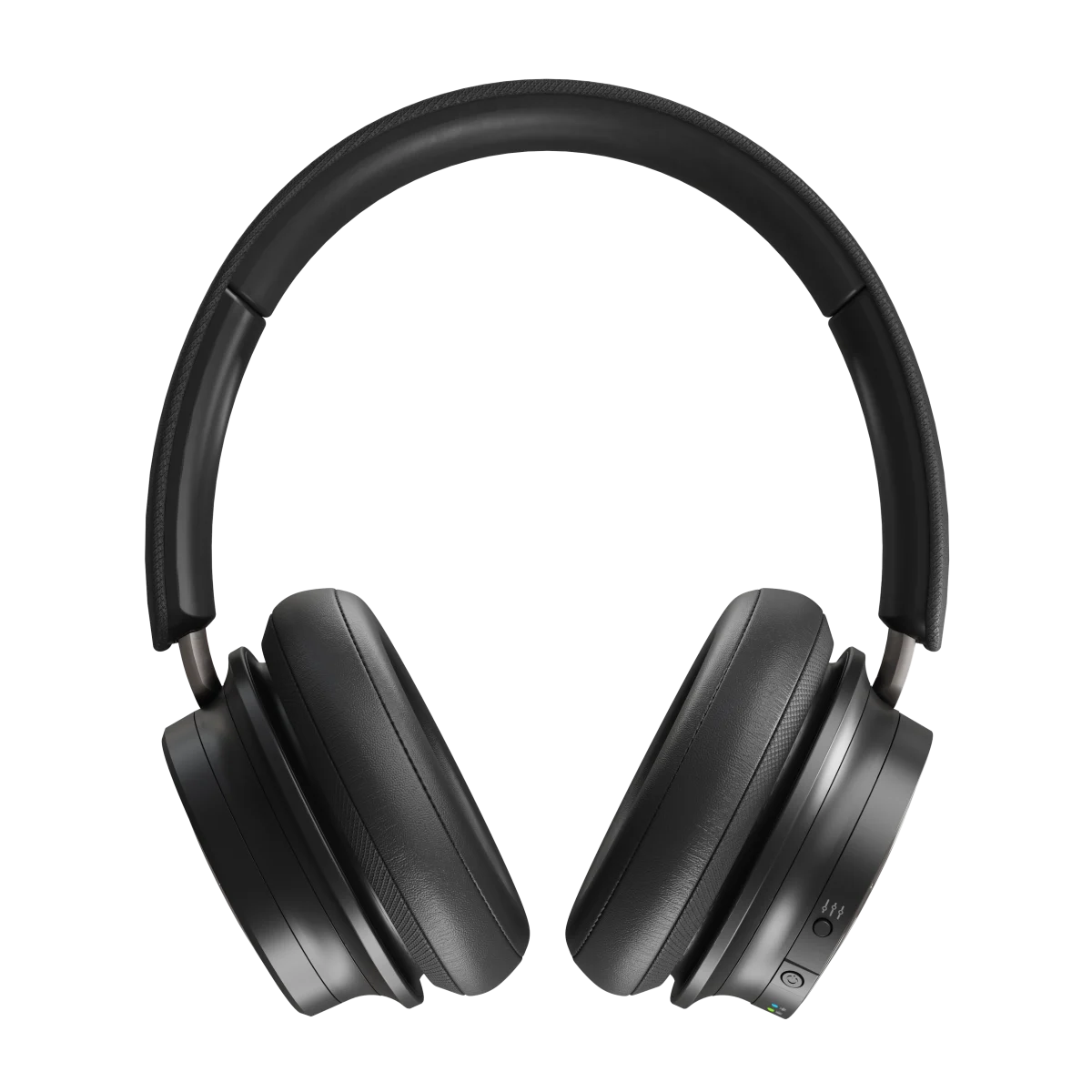 Căști Dali iO-8 Bluetooth, vedere frontală, culoare Iron Black, cupe mari și bandă ajustabilă.