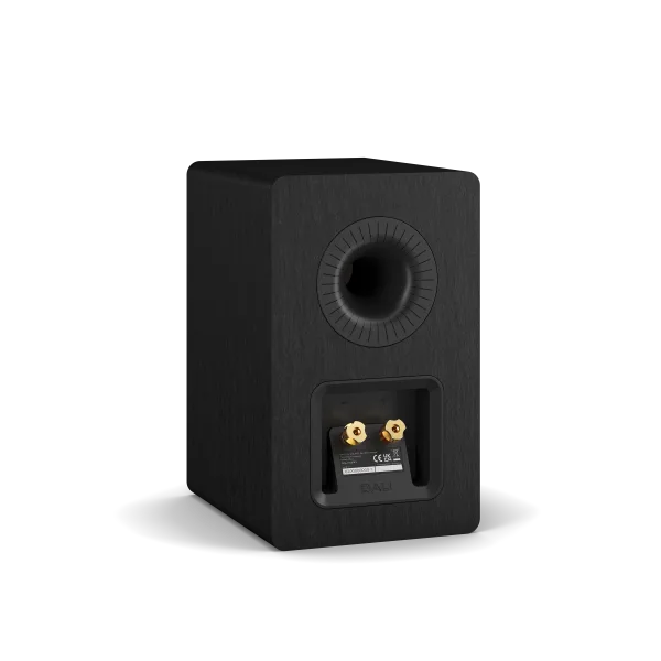 Boxă Dali Kupid Black Ash, vedere din spate, port bass reflex și conectori aurii pentru cabluri.