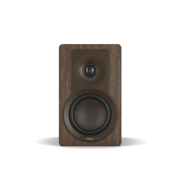 Boxă de raft Dali Kupid culoare Dark Walnut, vedere frontală cu tweeter și woofer vizibile.