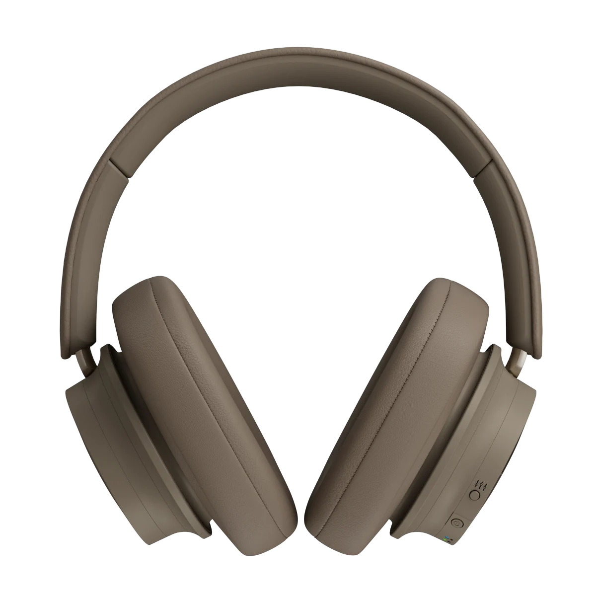 Căști Bluetooth Dali iO-12 culoare Mocha Grey, vedere frontală cu pernițe mari și butoane laterale vizibile.