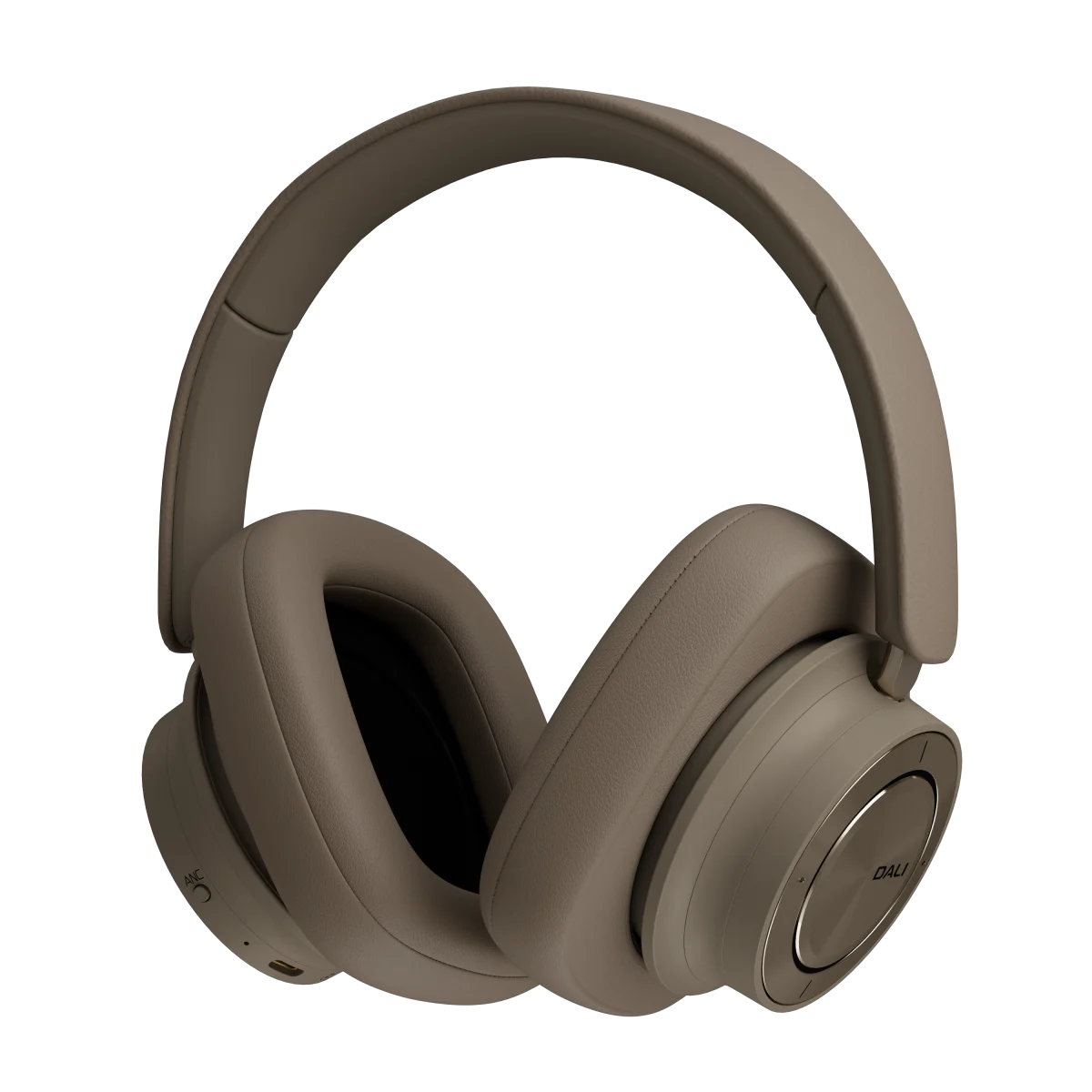 Căști Bluetooth Dali iO-12 culoare Mocha Grey, vedere laterală stânga cu port USB-C și microfon vizibile.