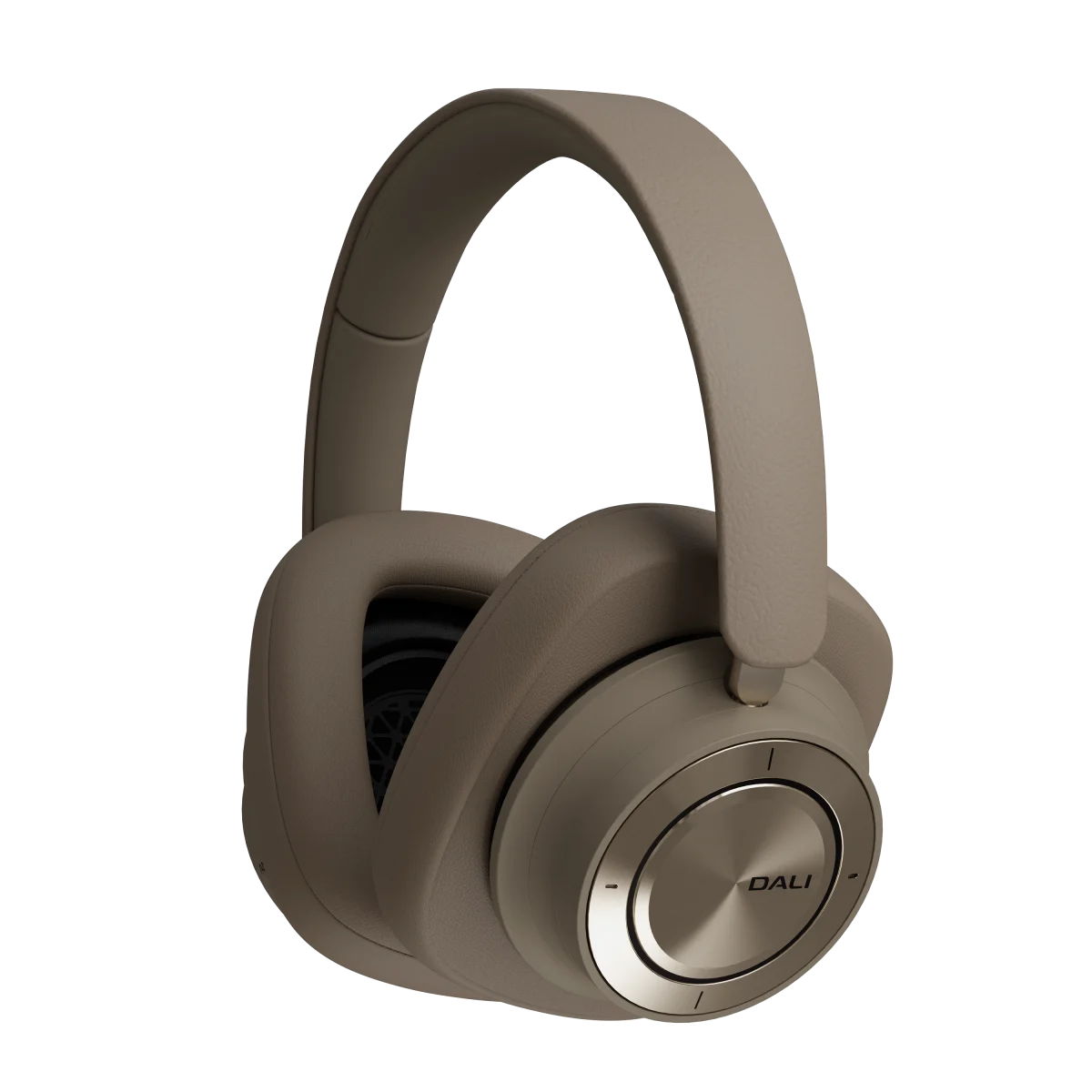 Căști Bluetooth Dali iO-12 Mocha Grey, vedere laterală stânga, cu cupă și buton lateral vizibile.