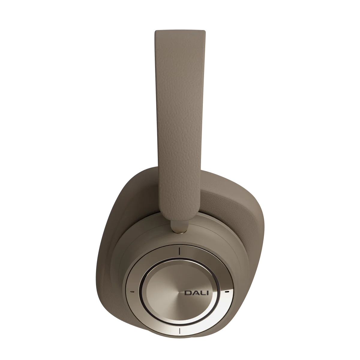 Căști Bluetooth Dali iO-12 Mocha Grey, vedere laterală stângă, cupe rotunde și buton central vizibil.
