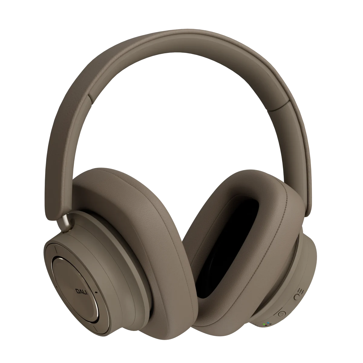 Căști Bluetooth Dali iO-12 Mocha Grey, vedere laterală, cupe ovale, butoane control vizibile dreapta.