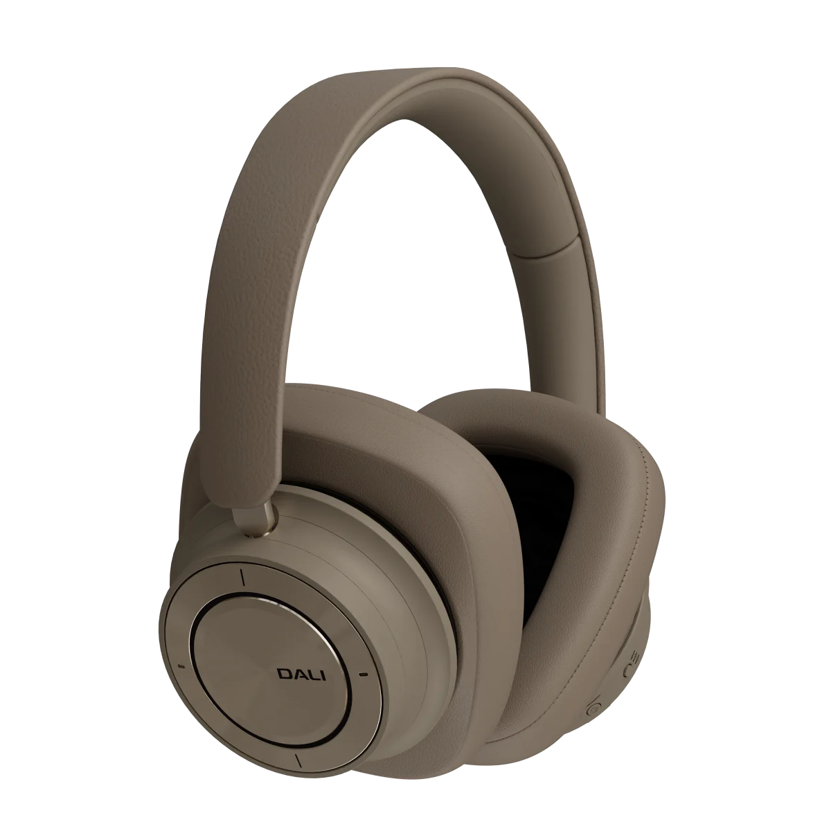 Căști Bluetooth Dali iO-12 culoare Mocha Grey, vedere laterală stânga, cupe și butoane vizibile.