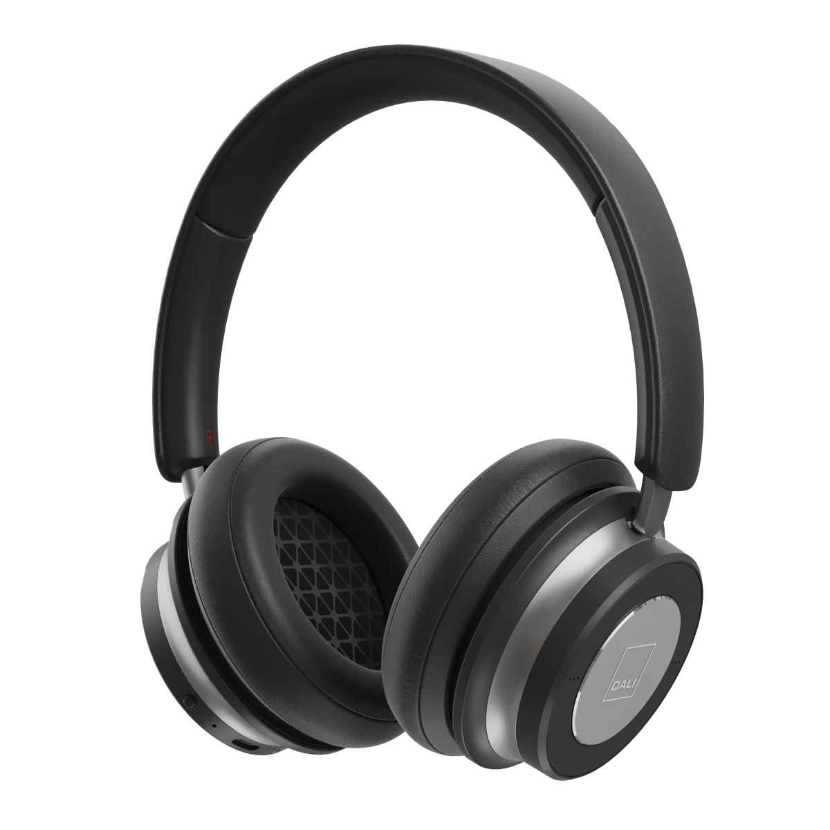 Căști Bluetooth Dali iO-6, vedere laterală, culoare negru fier, cupe mari și bandă căptușită.#color_black