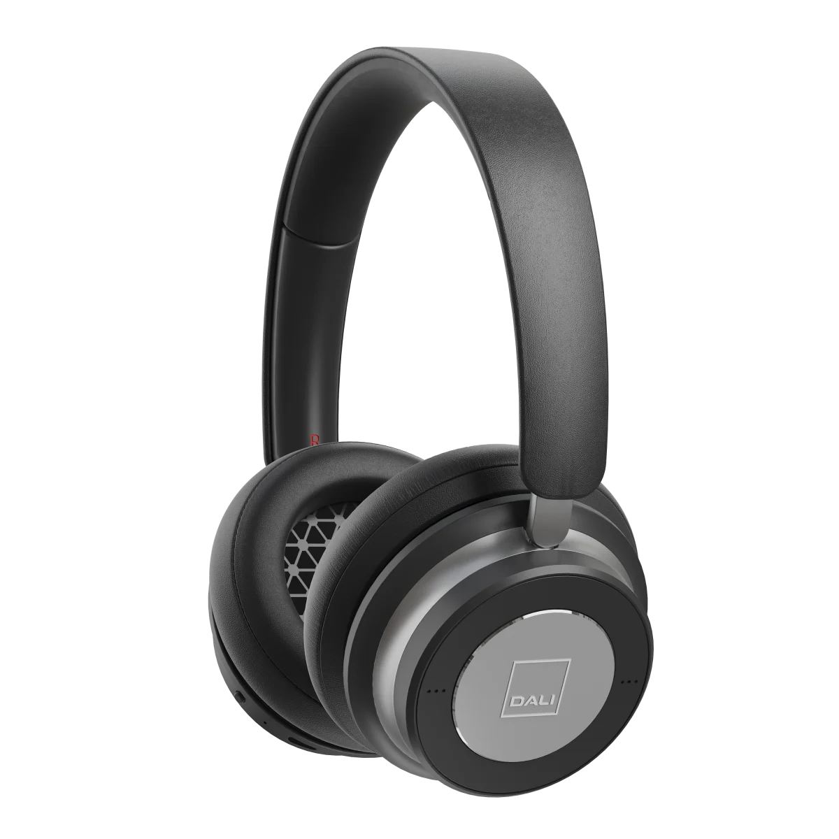 Căști Bluetooth Dali iO-6, vedere laterală, culoare negru fier, cupe mari și bandă căptușită.