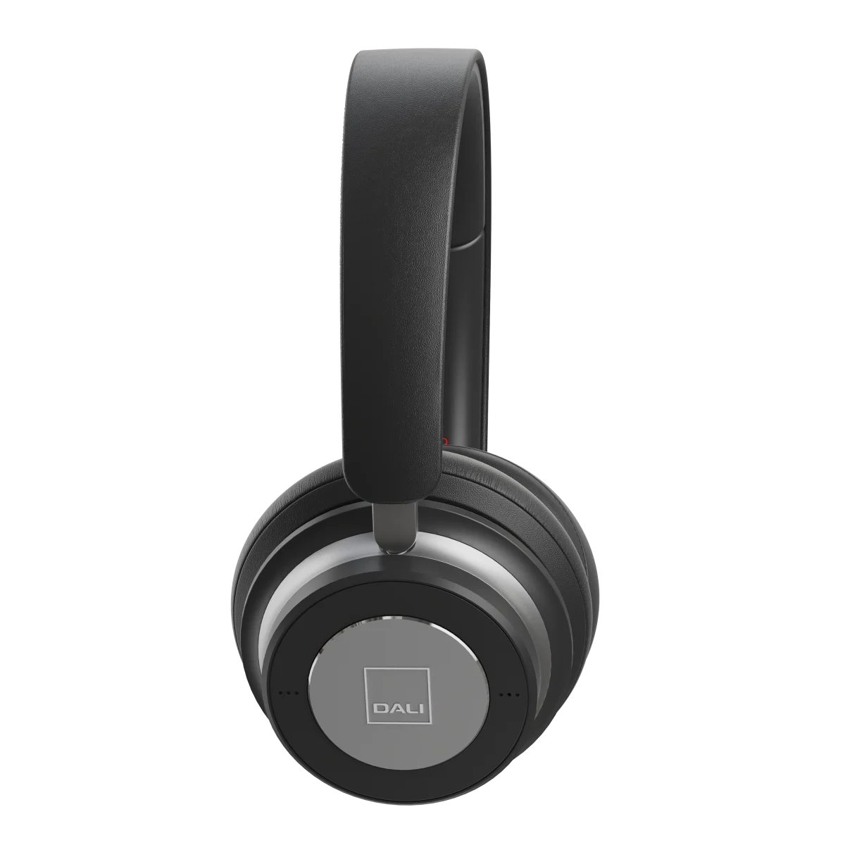 Căști Bluetooth Dali iO-6, vedere laterală, culoare negru fier, cupe mari și bandă ajustabilă.