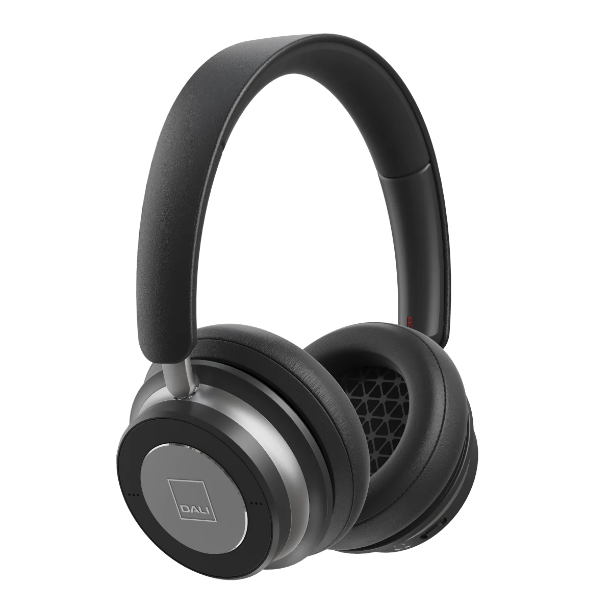 Căști Dali iO-6 Bluetooth, vedere laterală, culoare negru fier, cupe rotunde și bandă căptușită.