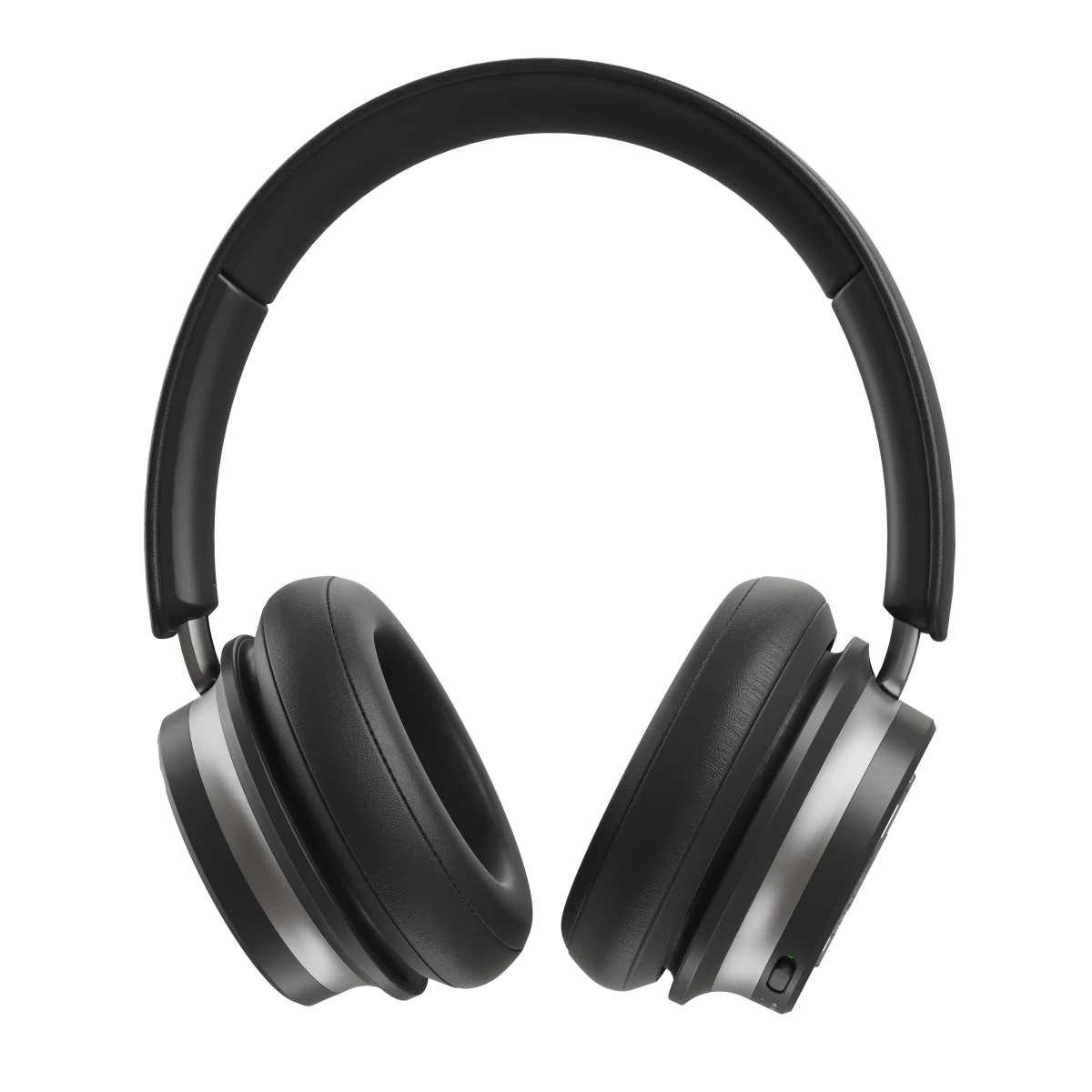 Căști Bluetooth Dali iO-6, vedere frontală, culoare negru fier, cupe rotunde și bandă ajustabilă.