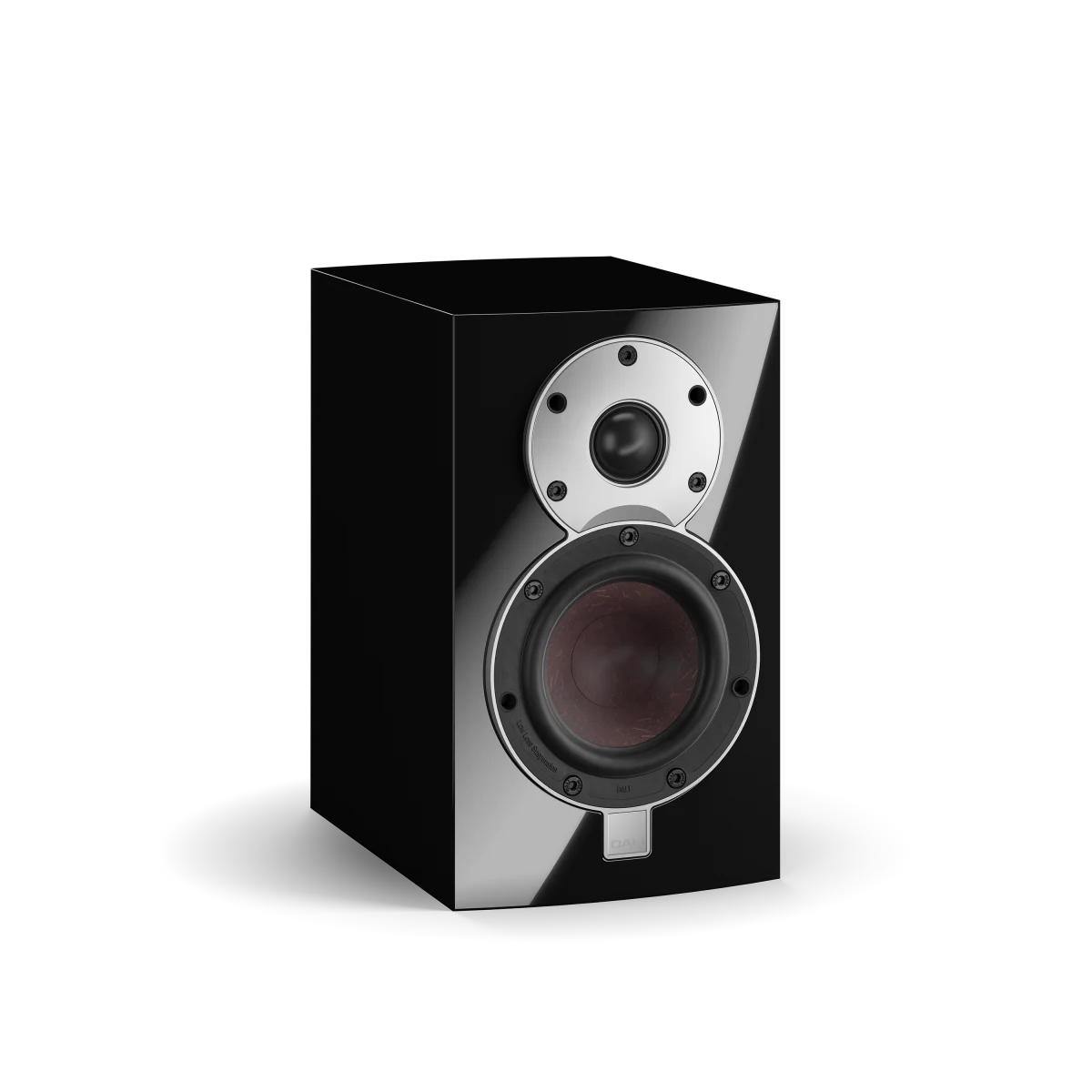 Boxa Dali MENUET neagră, vedere frontală, prezintă tweeter și woofer vizibile, finisaj lucios.#color_black
