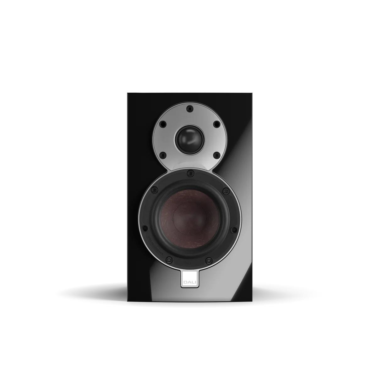 Boxa Dali MENUET neagră, vedere frontală, evidențiază tweeterul și wooferul. Ideală pentru home theater.