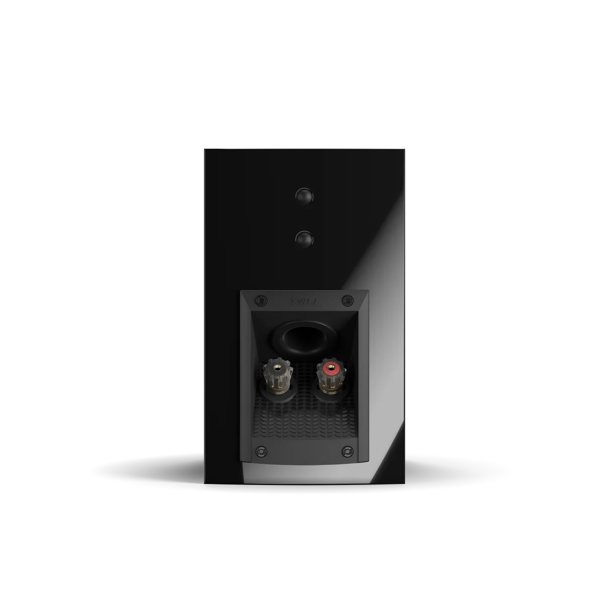 Spatele boxei Dali MENUET, culoare neagră, cu conectori audio și port bass reflex vizibili.