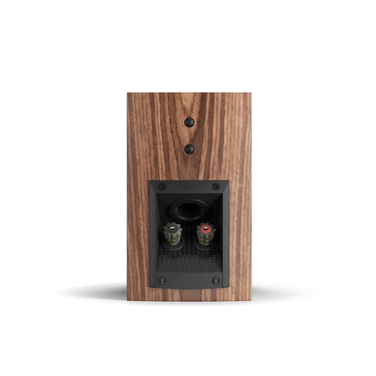 Spatele boxei Dali MENUET, finisaj nuc, cu port bass reflex și conectori pentru cabluri audio.