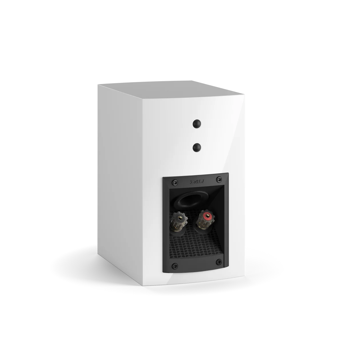 Spatele boxei Dali MENUET alb, cu conectori de intrare și port bass reflex vizibili. Ideal pentru home theater.