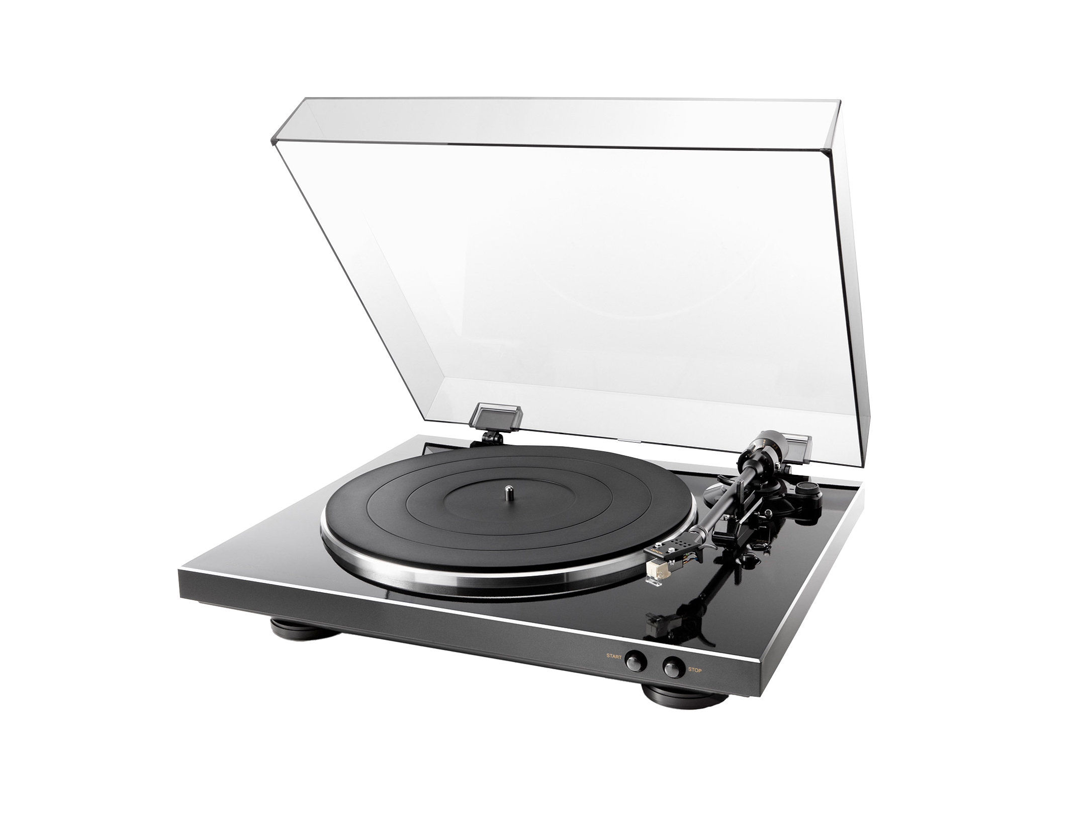 Denon DP-300F Pick-Up negru, vedere frontală, capac transparent deschis, braț și platan vizibile.