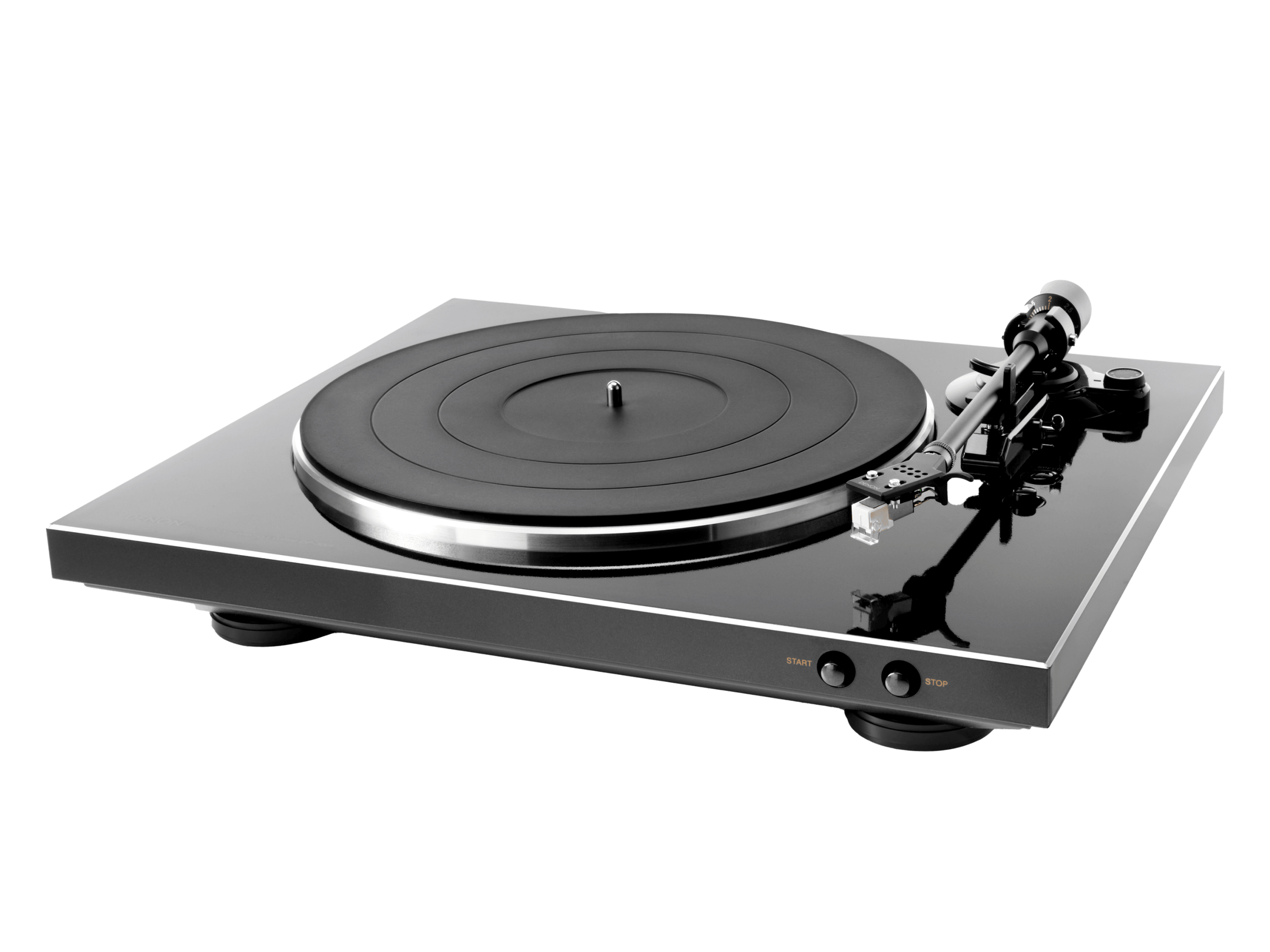 Denon DP-300F Pick-Up negru, vedere frontal-laterală. Braț și platan vizibile, cu butoane start/stop.#color_black