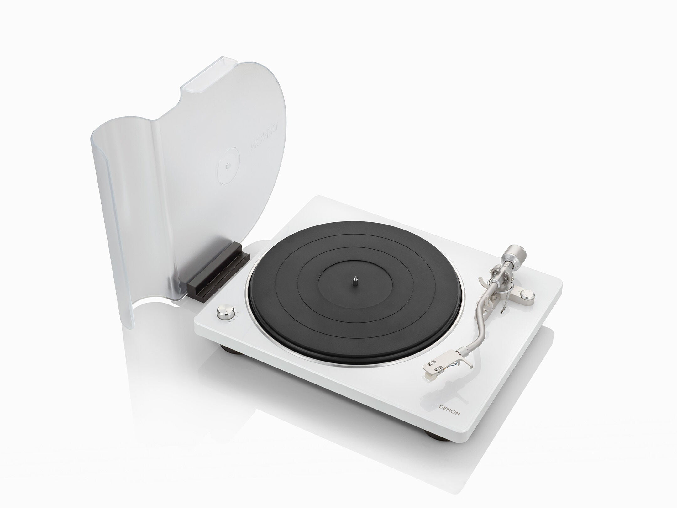 Denon DP-400 Pick-Up alb, vedere de sus, capac deschis, braț și platou vizibile, optimizat pentru audiofili.