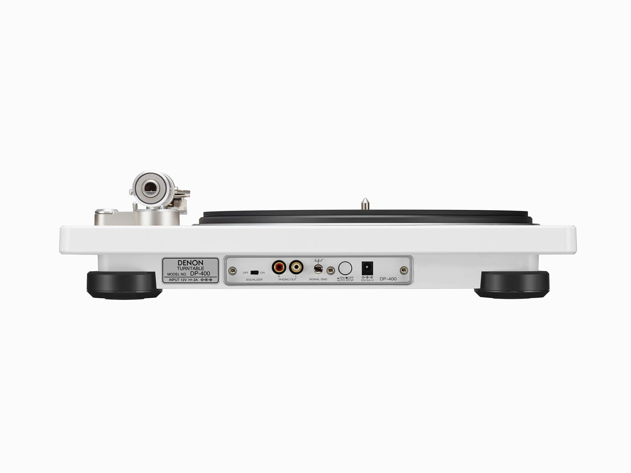 Denon DP-400 Pick-Up alb, vedere laterală. Afișează conexiunile RCA și butoanele de control pe panoul din spate.