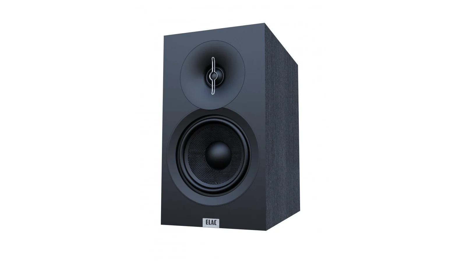 Boxă Elac Debut 3.0 DB53 neagră, vedere frontală laterală, tweeter și woofer vizibile pe panoul față.