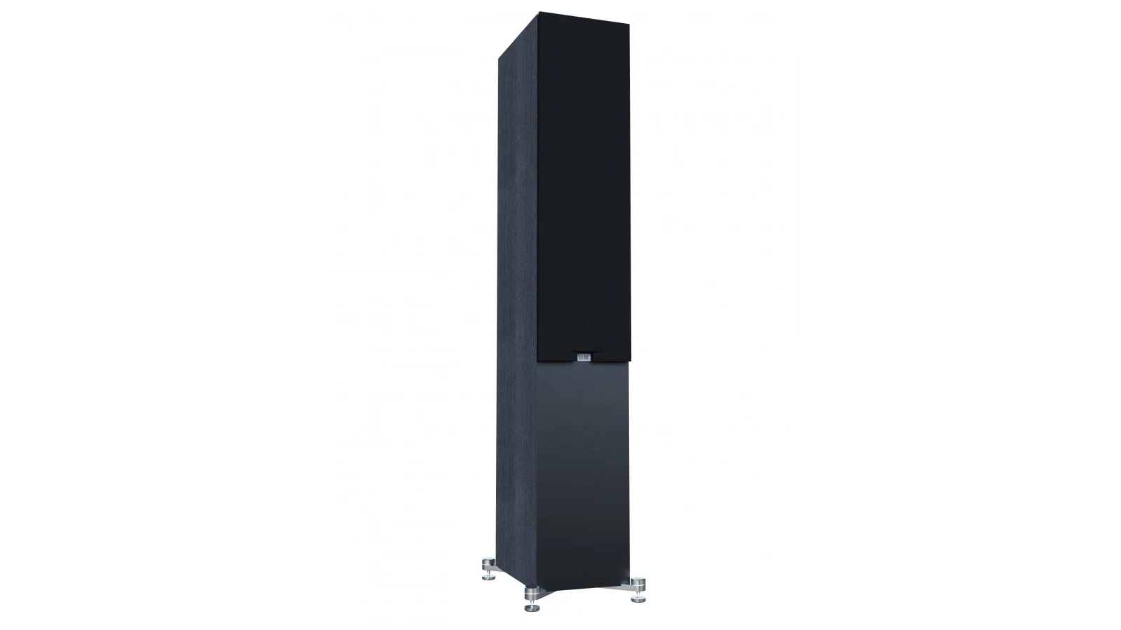Boxă de podea Elac Debut 3.0 DF53 neagră, vedere frontală cu grilaj textil montat și bază cu picioare metalice.