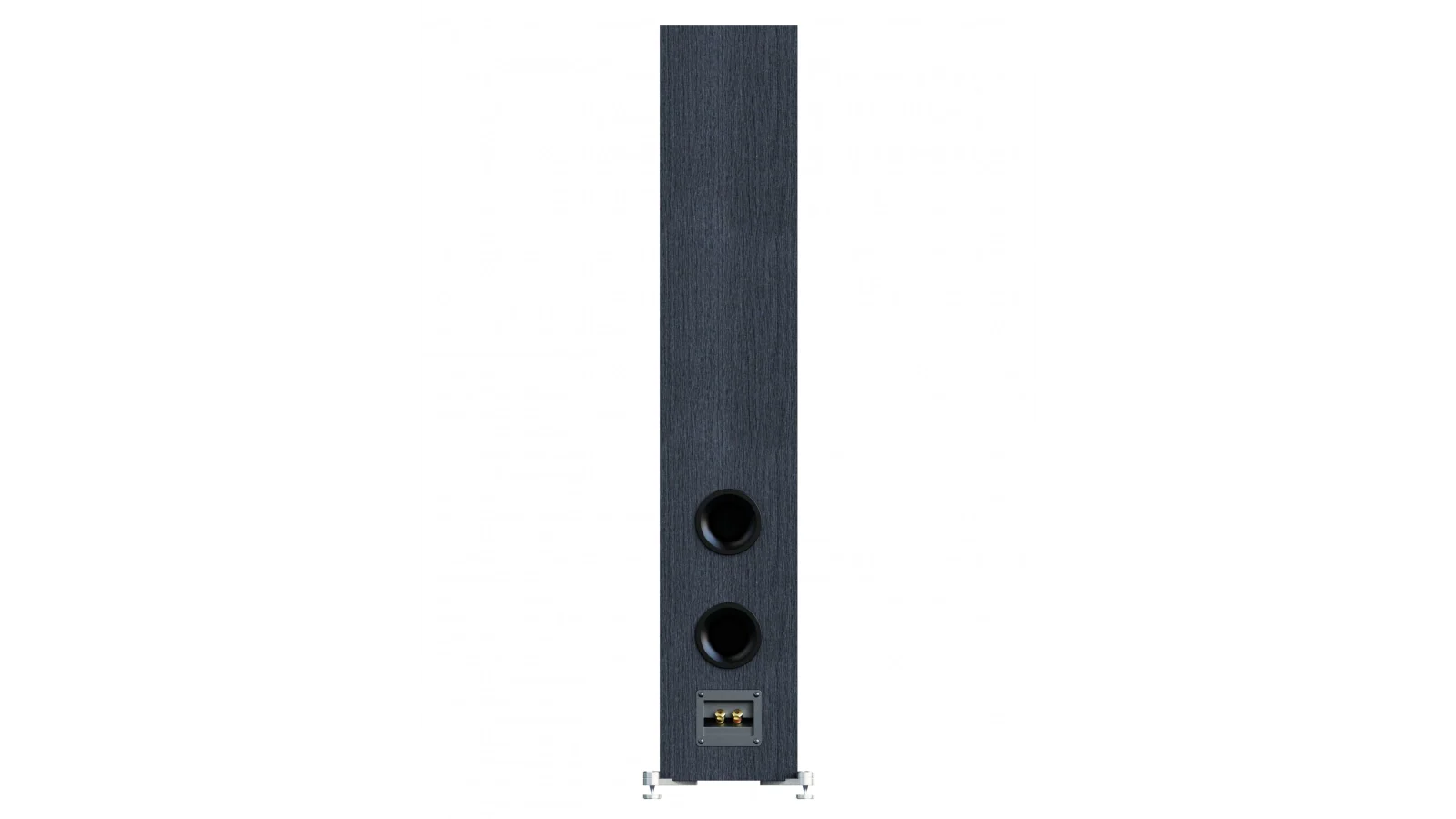 Spate boxă Elac Debut 3.0 DF63 negru, cu două porturi bass reflex circulare și conectori audio bi-wire.