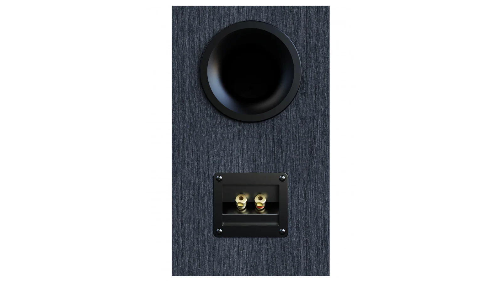 Spatele boxei Elac Debut 3.0 DB63, culoare neagră, cu port bass reflex și conectori aurii bi-wire.