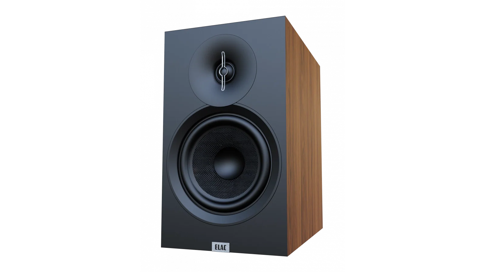 Boxă Elac Debut 3.0 DB63, vedere frontală laterală, finisaj lemn, woofer textil și tweeter vizibile.