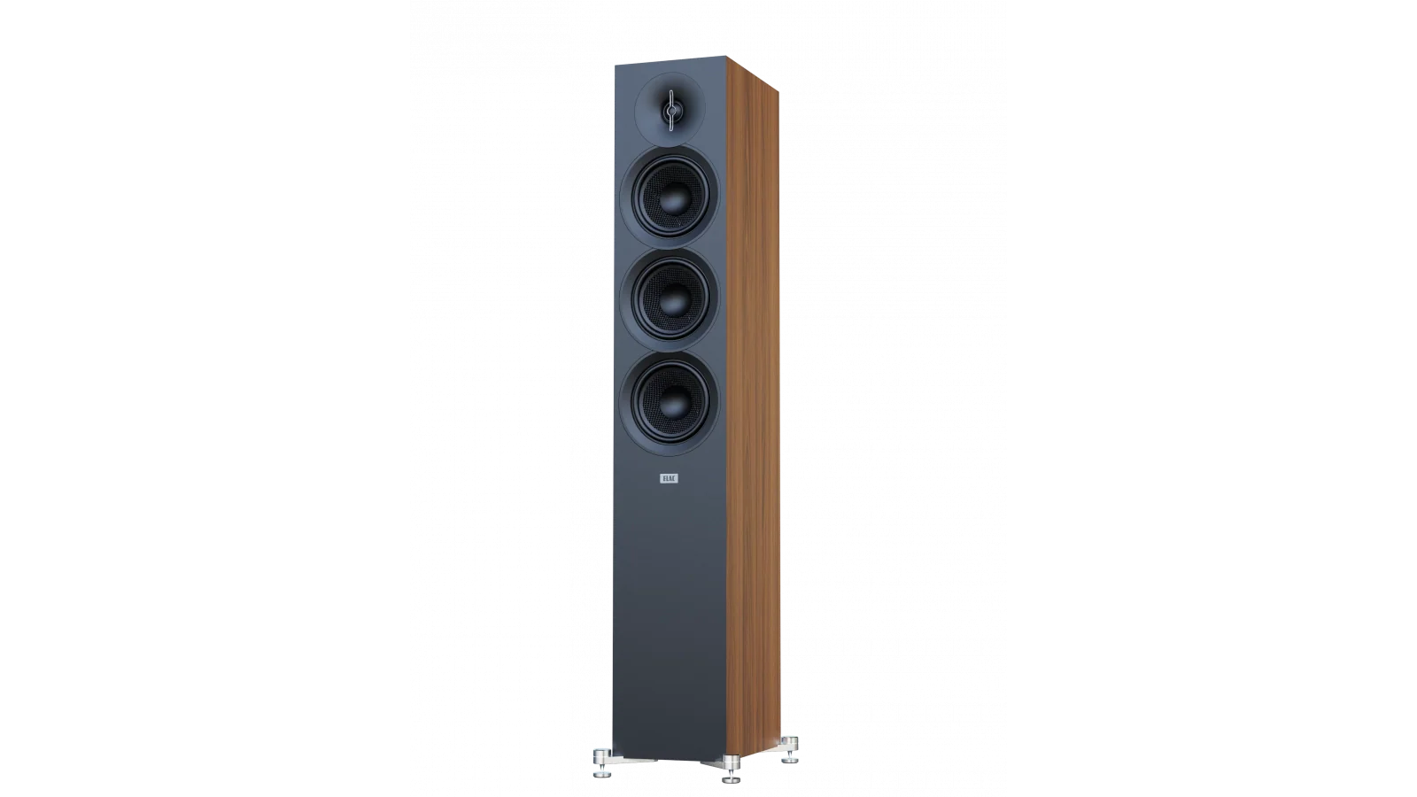 Boxă de podea Elac Debut 3.0 DF53, vedere față-dreapta, finisaj negru cu laterale din lemn, 3 woofere vizibile.