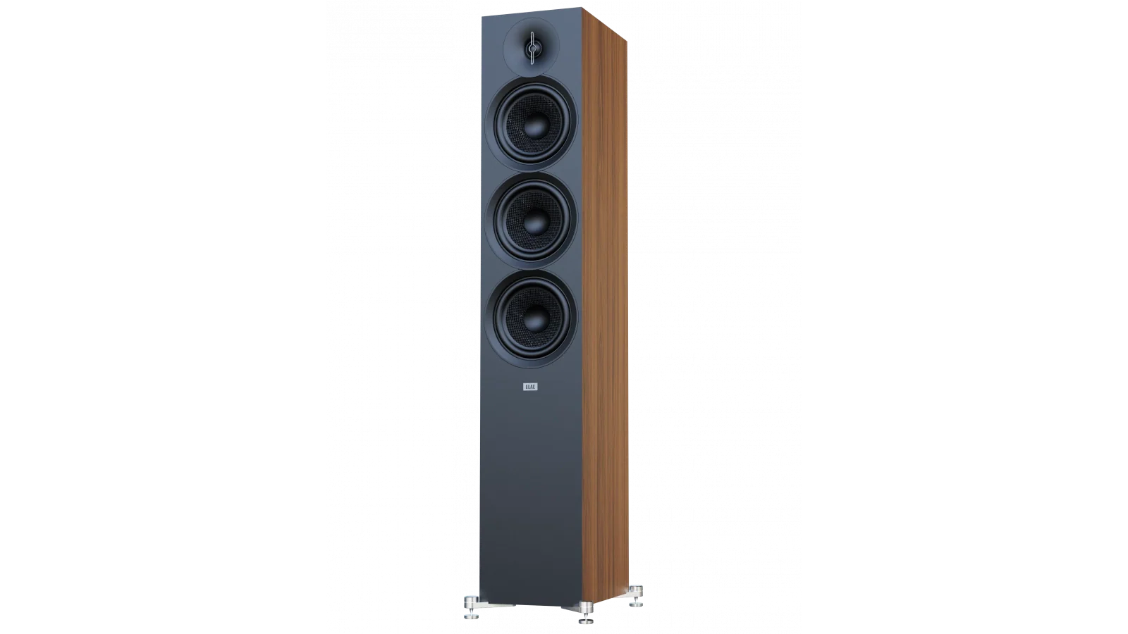 Boxă de podea Elac Debut 3.0 DF63, vedere frontală unghi lateral, 3 difuzoare, finisaj negru/nuc.