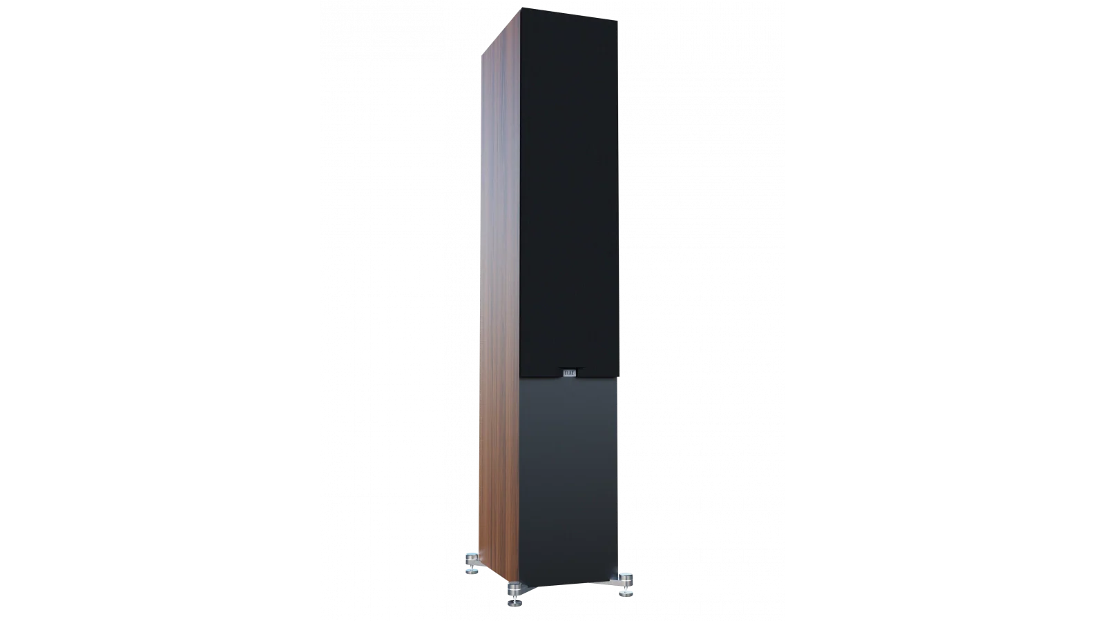 Boxă de podea Elac Debut 3.0 DF63, vedere laterală, finisaj negru cu laterale maro și grilaj frontal montat.