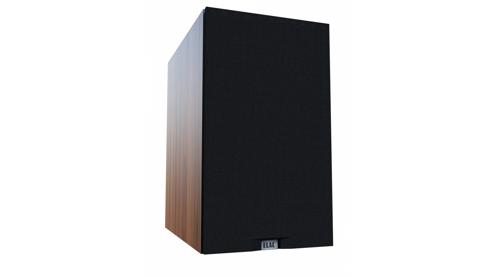 Boxă Elac Debut 3.0 DB63 V3, vedere frontală-stânga, grilaj textil negru și panou lateral maro.