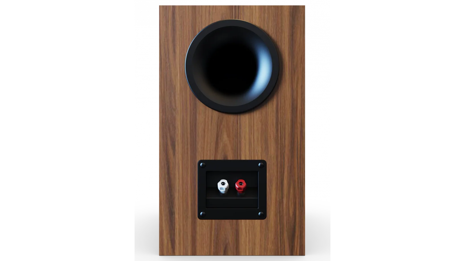 Spate boxă Elac Debut 3.0 DB63 culoare lemn, port bass reflex și conectori bicolori pentru cabluri.