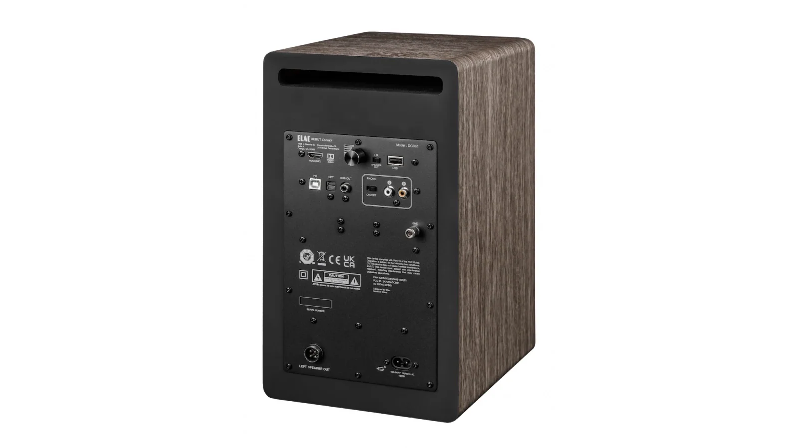 Boxă activă Elac Debut ConneX DCB61 Nussbaum, vedere spate cu porturi HDMI, USB, Phono și RCA.