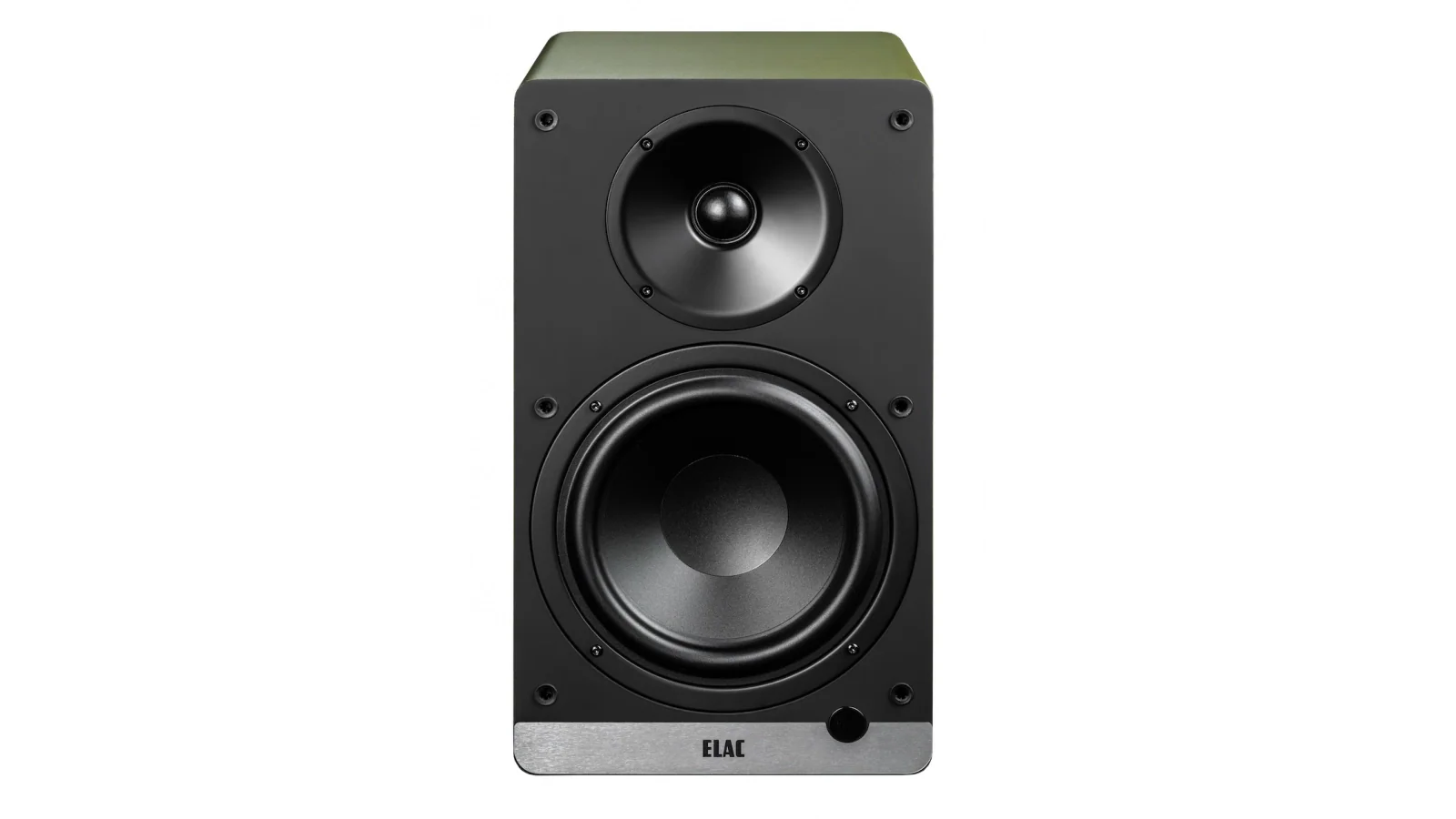 Boxă activă Elac Debut ConneX DCB61 culoare Olive, vedere frontală cu tweeter, woofer și buton volum.
