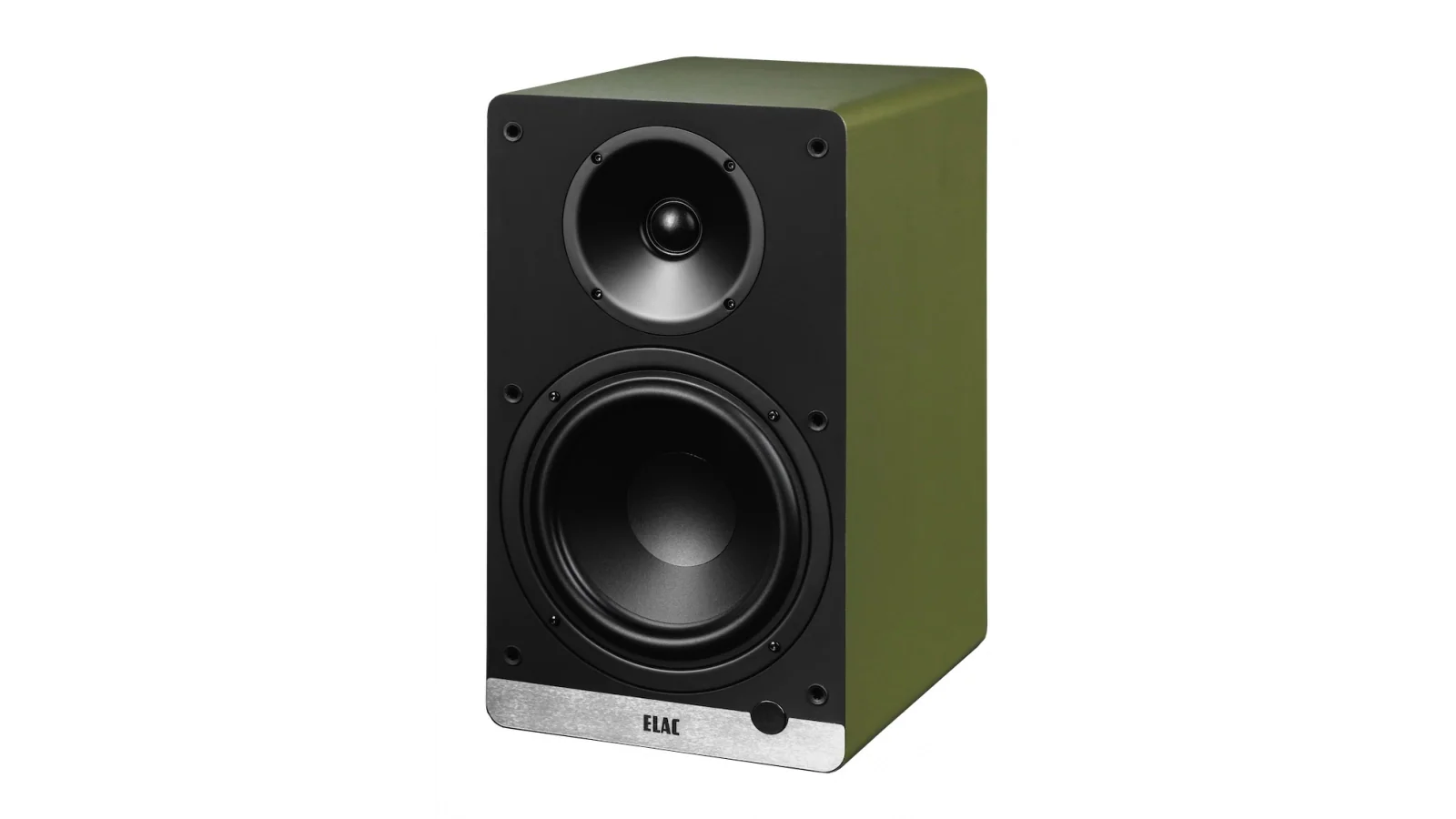 Boxă activă Elac Debut ConneX DCB61 culoare verde olive, vedere frontală cu tweeter și woofer vizibile.