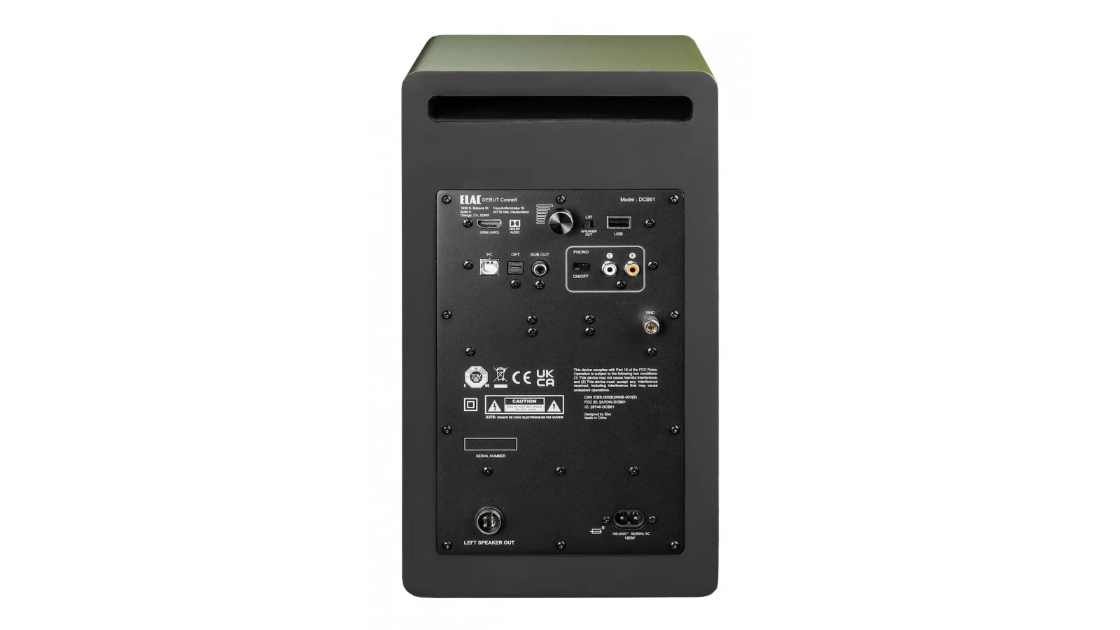 Spate boxă activă Elac Debut ConneX DCB61 culoare Olive, conexiuni HDMI ARC, USB, Phono, AUX.