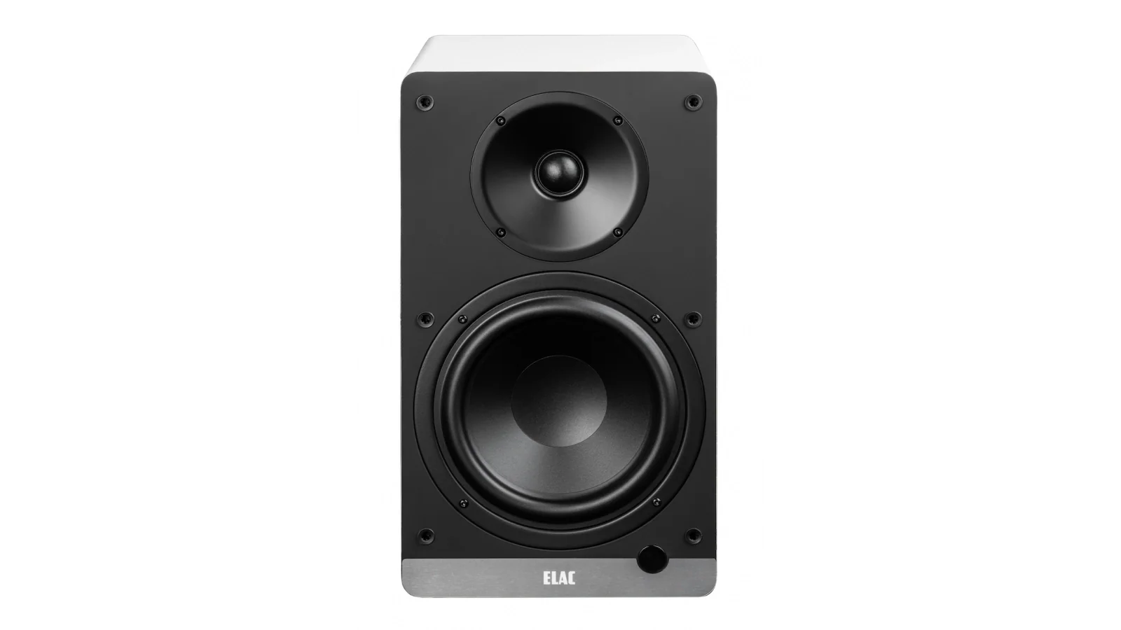 Boxă activă Elac Debut ConneX DCB61 albă, vedere frontală cu tweeter, woofer și buton volum vizibile.