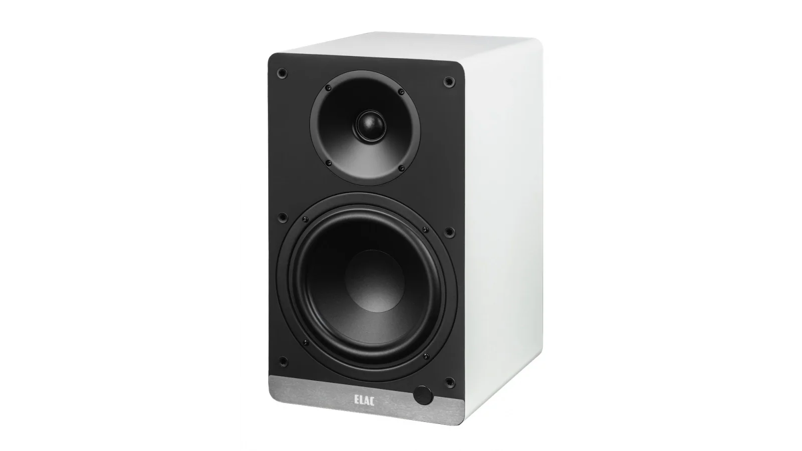 Boxă activă Elac Debut ConneX DCB61 albă, vedere frontală laterală, tweeter, woofer și panou frontal vizibile.#color_white