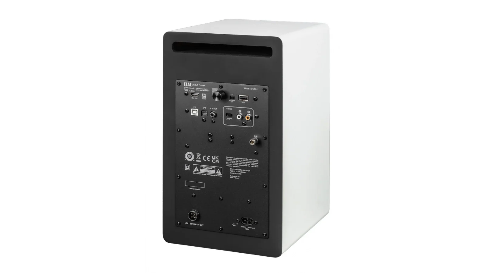 Boxă activă Elac Debut ConneX DCB61 albă, vedere din spate cu porturi RCA, USB, optic și ieșire subwoofer.