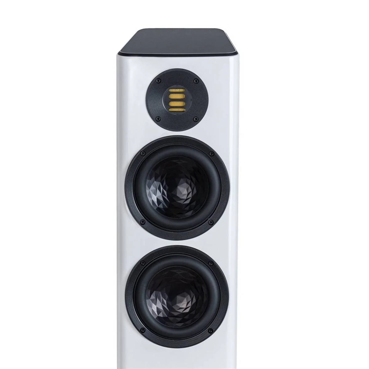 Boxă de podea Elac Vela FS 407.2 albă, vedere frontală cu două woofere și un tweeter JET vizibile.