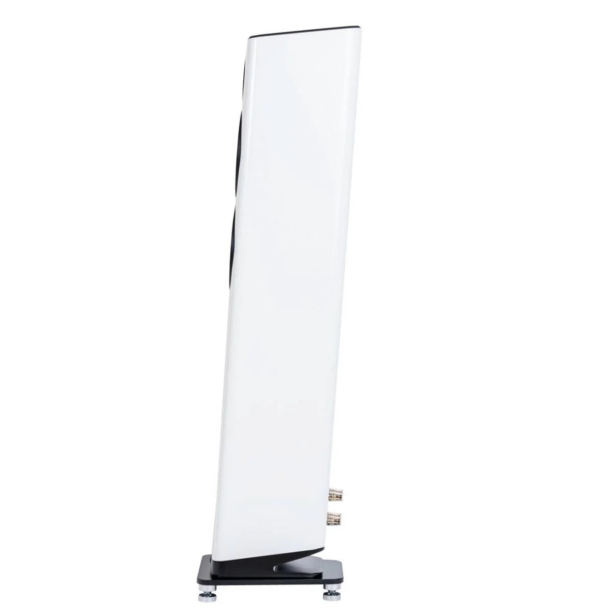 Boxa de podea Elac Vela FS 407.2 albă, vedere laterală cu conectori audio vizibili și bază stabilă.