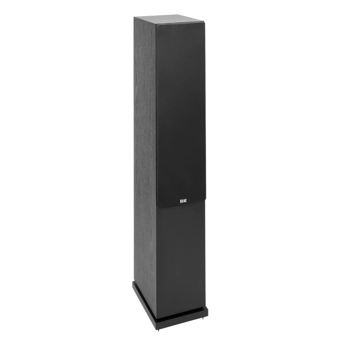 Boxă de podea ELAC Debut DF6.2 neagră, vedere frontală cu grill montat, carcasă din lemn finisaj închis.